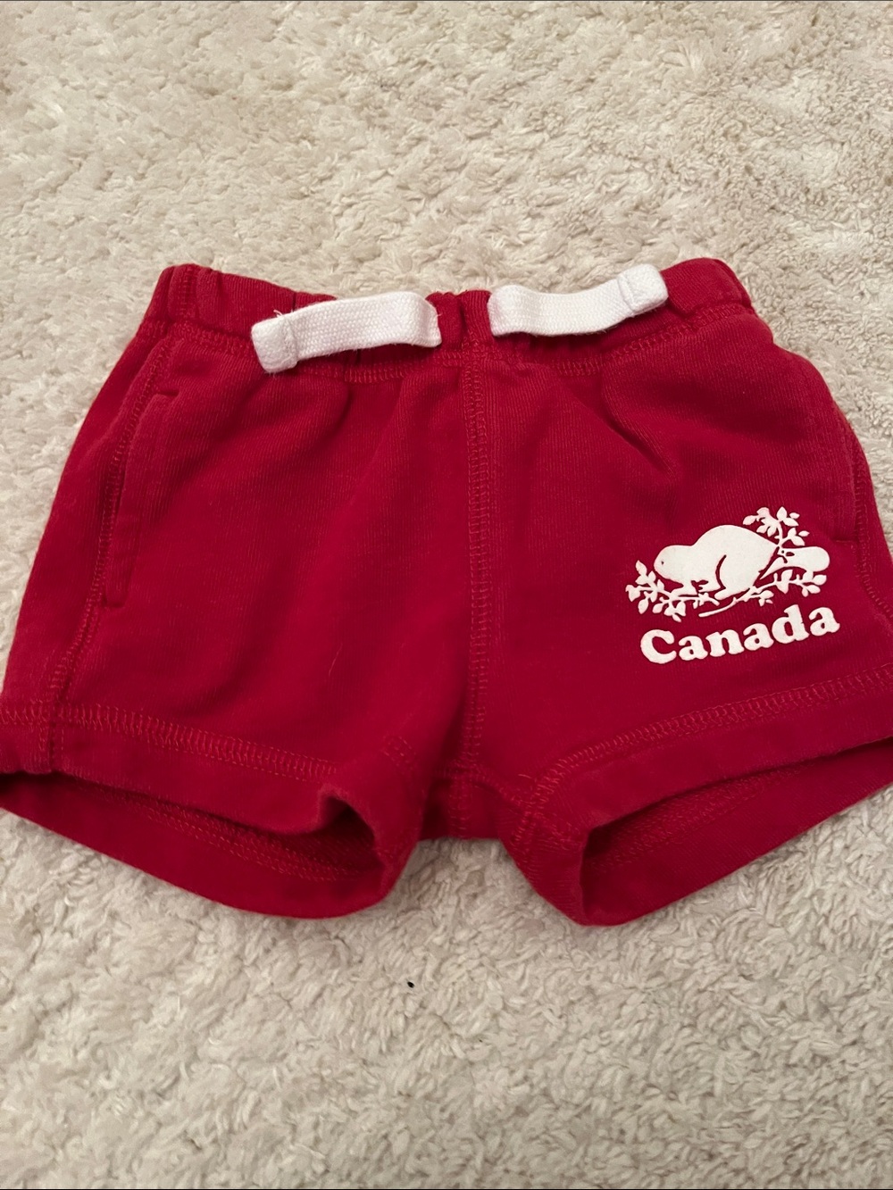 Roots Red Kids Shorts with White 'Canada' Beaver Print